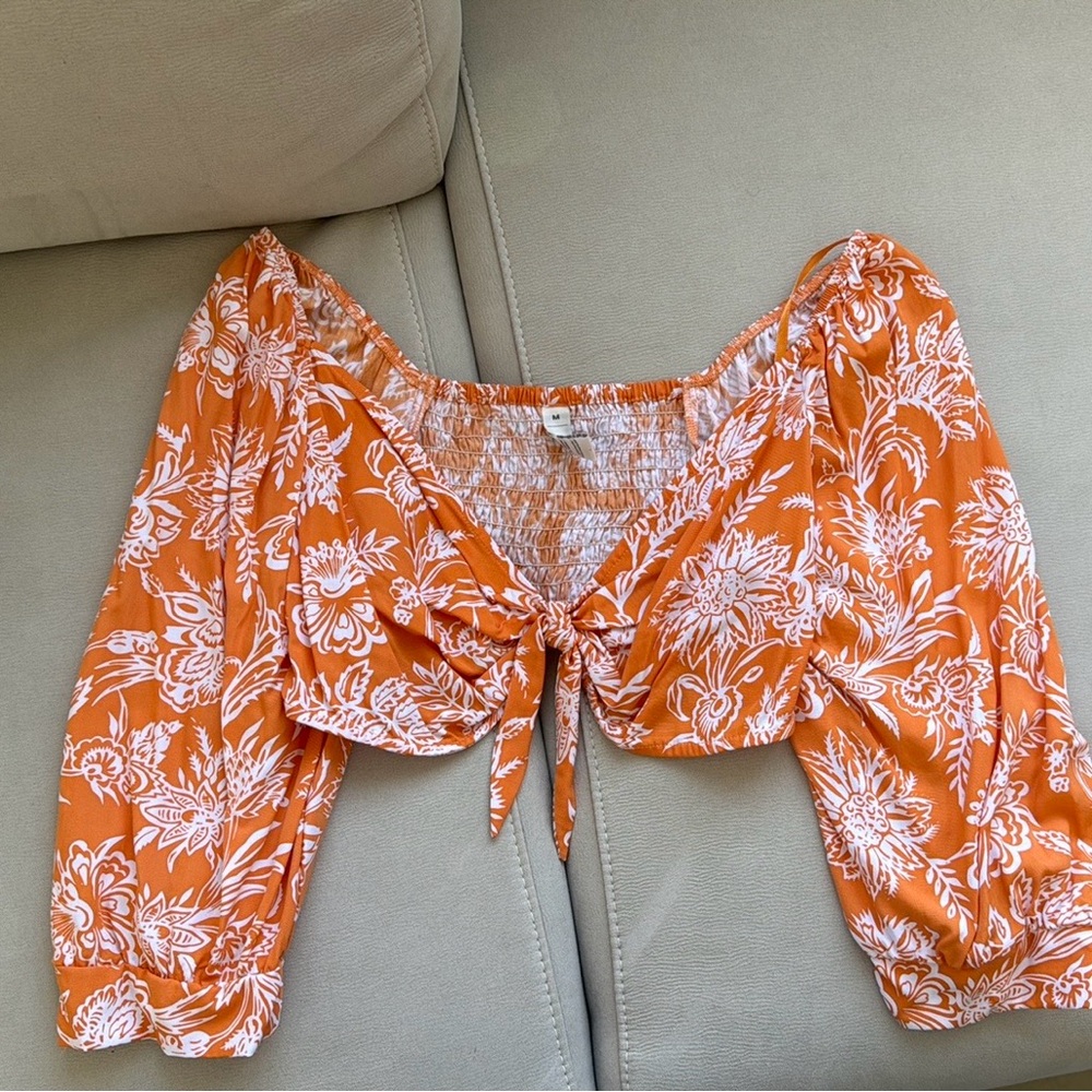 Tropical Orange crop Top size M, Adjustable knot in front